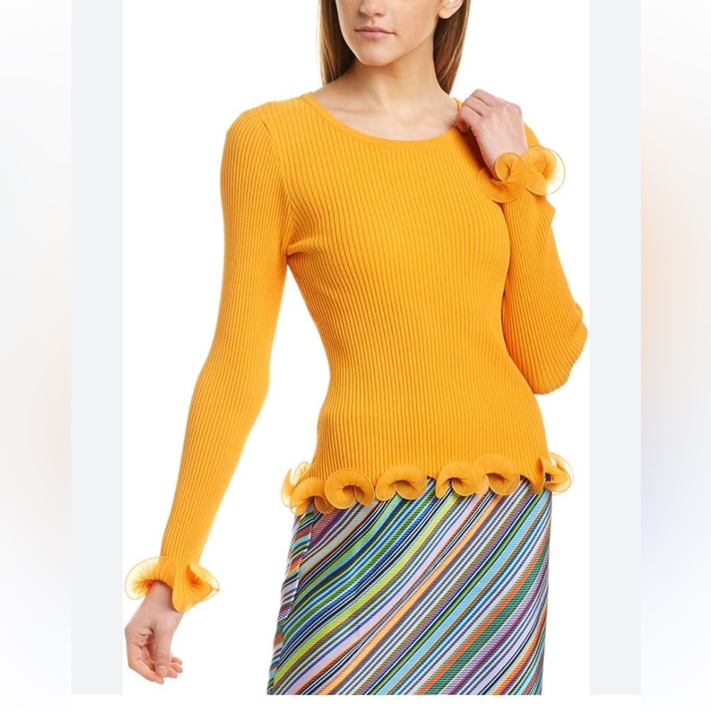 Milly Wired Edge Ribbed Knit Pullover Sweater In Yellow